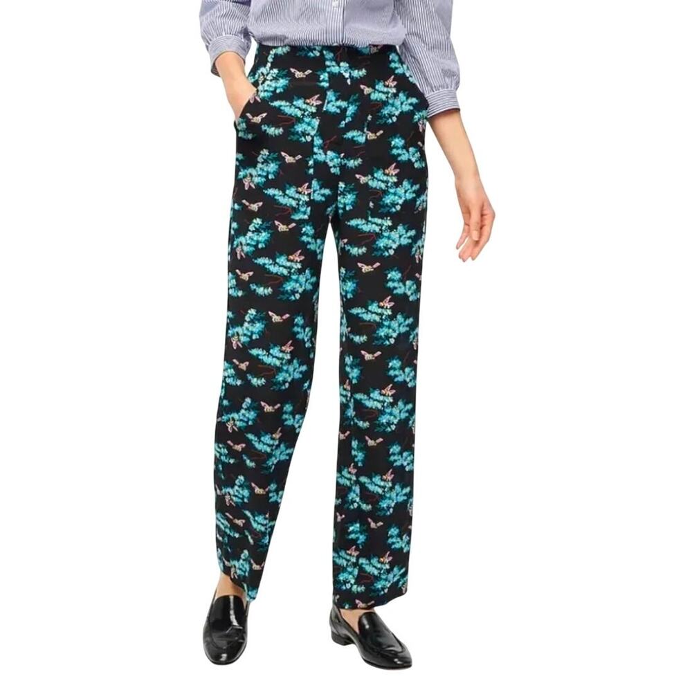 J. CREW SILK Straight-Leg Pant in Botanical Bees Print - Blue Black Size 0 NWT